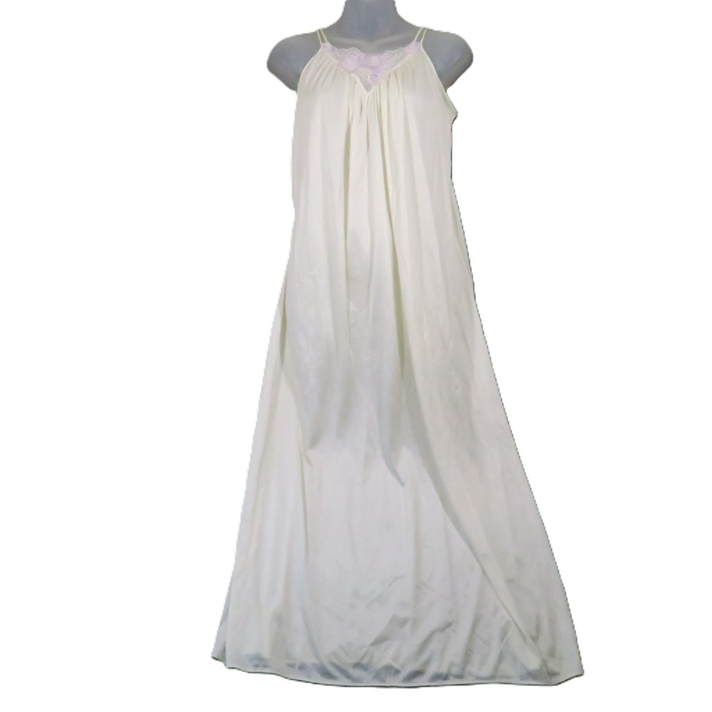 Vintage 60s Nylon Full Slip Nightgown S Cream Pink Lace Union Made Coquette Glam